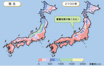 現在と2100年（予想）の降雪深の比較