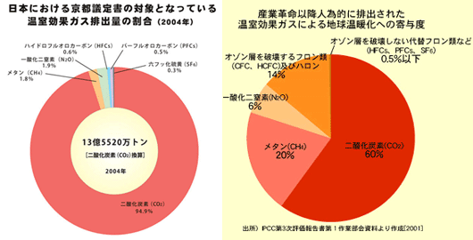 日本における京都議定書の対象となっている温室効果ガス排出量の割合（2004年）